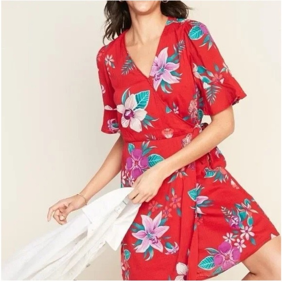 Old Navy Deep V Neck Waist-Defined Bell-Sleeve Faux-Wrap Red Mini Dress Large - Picture 2 of 11